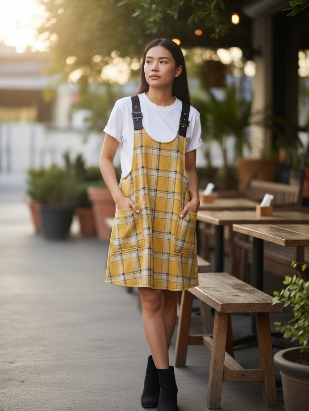Y2k Yellow Black Plaid Jumper Pinafore Dress Faux Leather Straps Medium Clueless